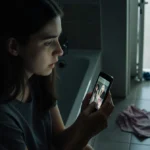 Young woman scrolling disturbing footage on phone with shocked expression and babysitting clothes on floor