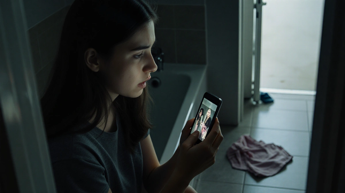Young woman scrolling disturbing footage on phone with shocked expression and babysitting clothes on floor