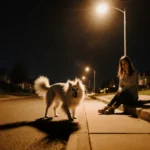 Woman sitting on sidewalk with shocked dog showing raised fur under streetlight