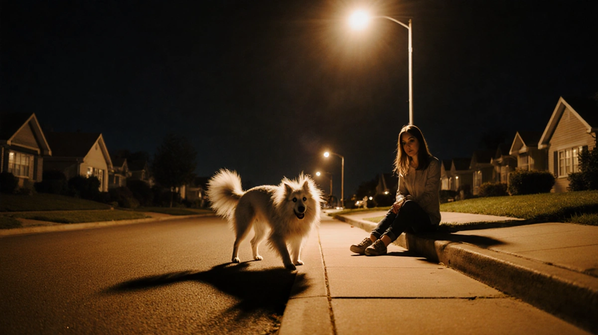 Woman sitting on sidewalk with shocked dog showing raised fur under streetlight