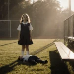 Young girl stands shocked on school field with lifeless body lying near bleachers and long afternoon shadows (96 chars)