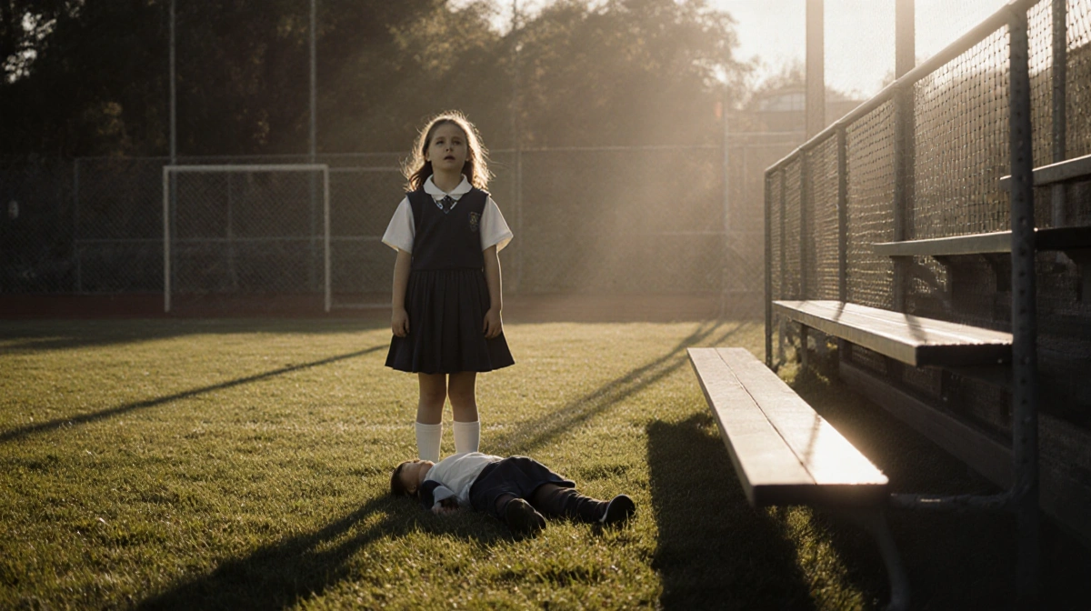 Young girl stands shocked on school field with lifeless body lying near bleachers and long afternoon shadows (96 chars)