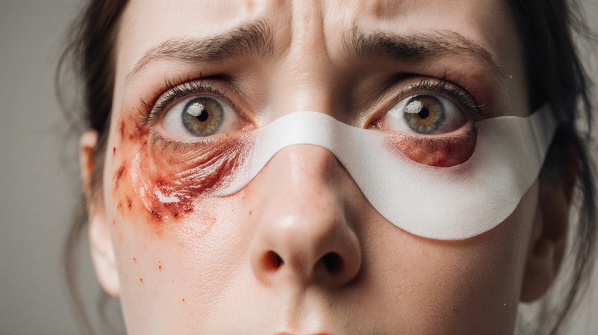 Woman with shocked expression showing bruised swollen eyelids with surgical scars and stitches visible
