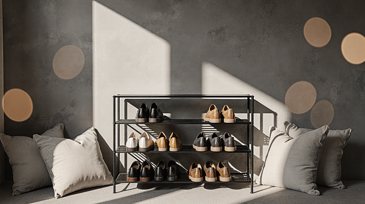Shoes displayed neatly on minimalist rack with warm lighting and cozy throw pillows.