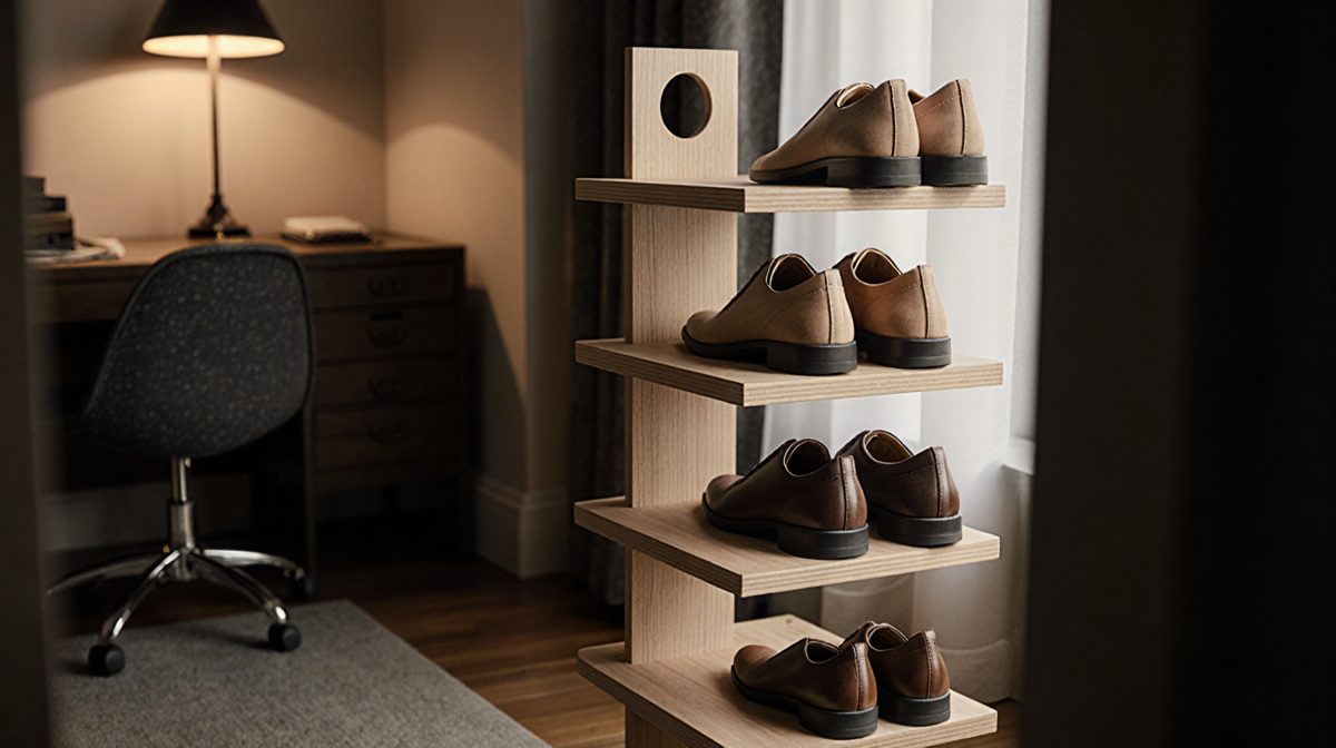 Sleek shoe rack organizing shoes with warm lighting in a space-saving office and blurred background
