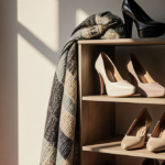 Shoe rack displaying six stylish shoes with a scarf and book and coffee cup giving cozy lifestyle vibes