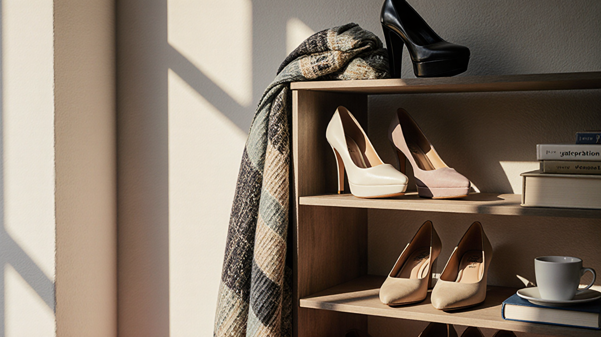 Shoe rack displaying six stylish shoes with a scarf and book and coffee cup giving cozy lifestyle vibes