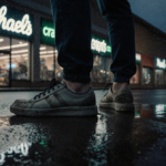 Worn shoe standing alone on rain-soaked sidewalk with Michaels store lights and streetlight shadows.