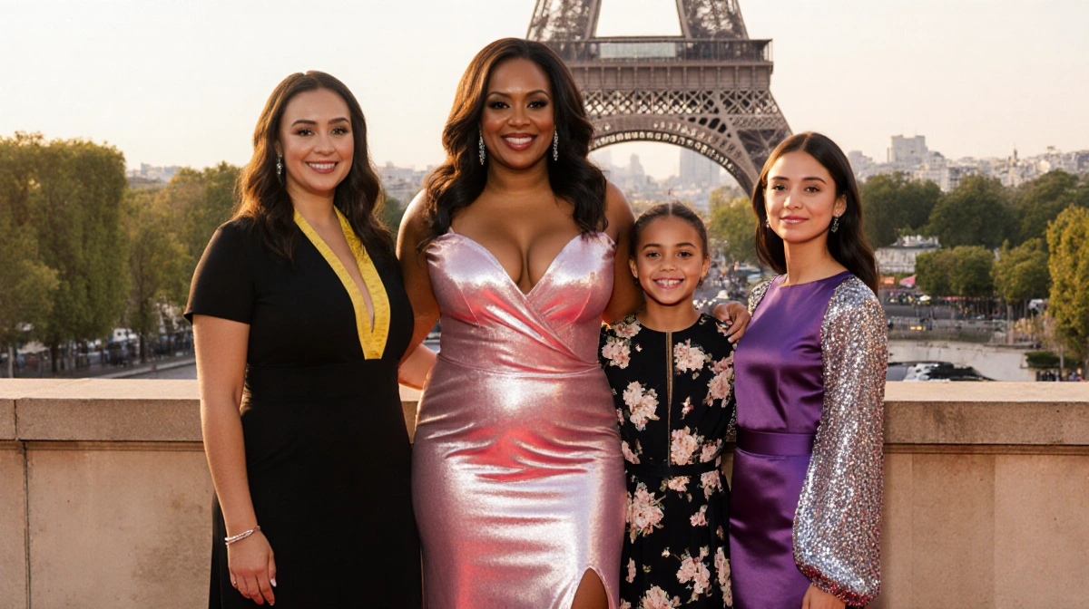 Shonda Rhimes poses with her daughters at the Bridgerton Paris premiere with Eiffel Tower backdrop and metallic pink gown