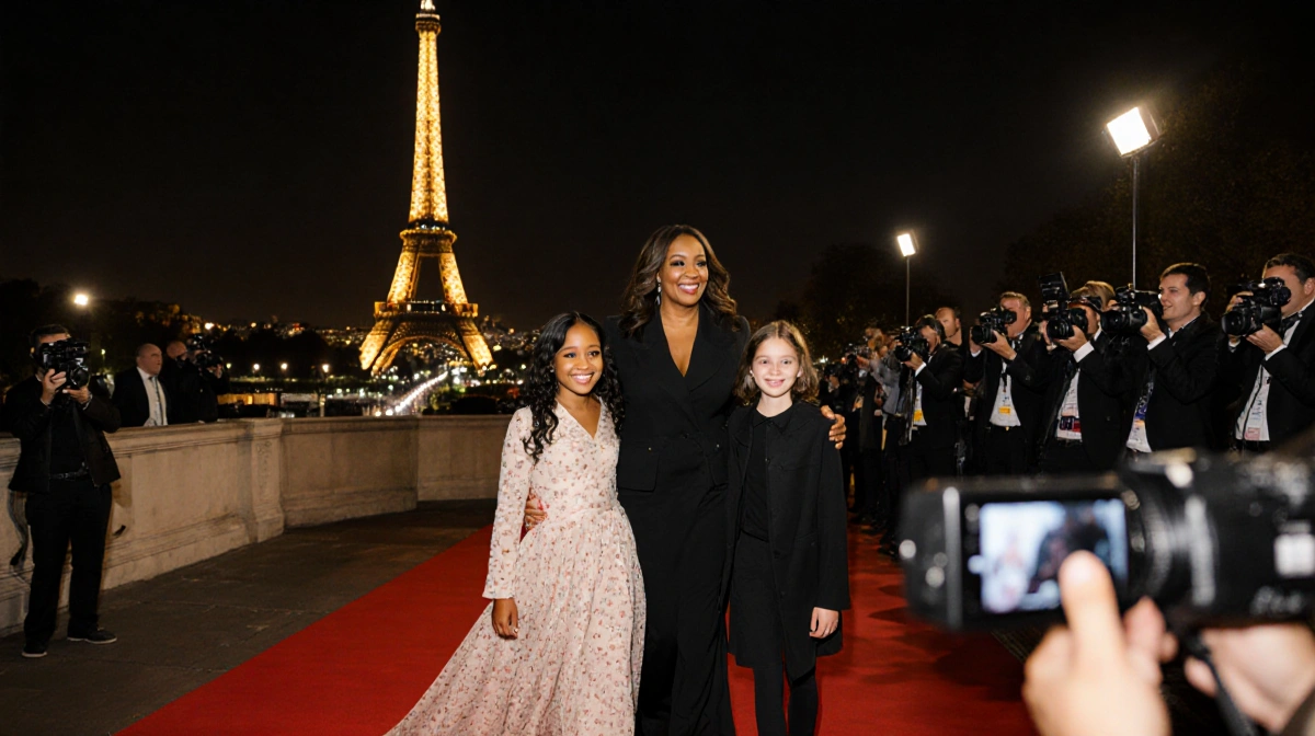 Shonda Rhimes walking red carpet with daughters and Eiffel Tower behind them