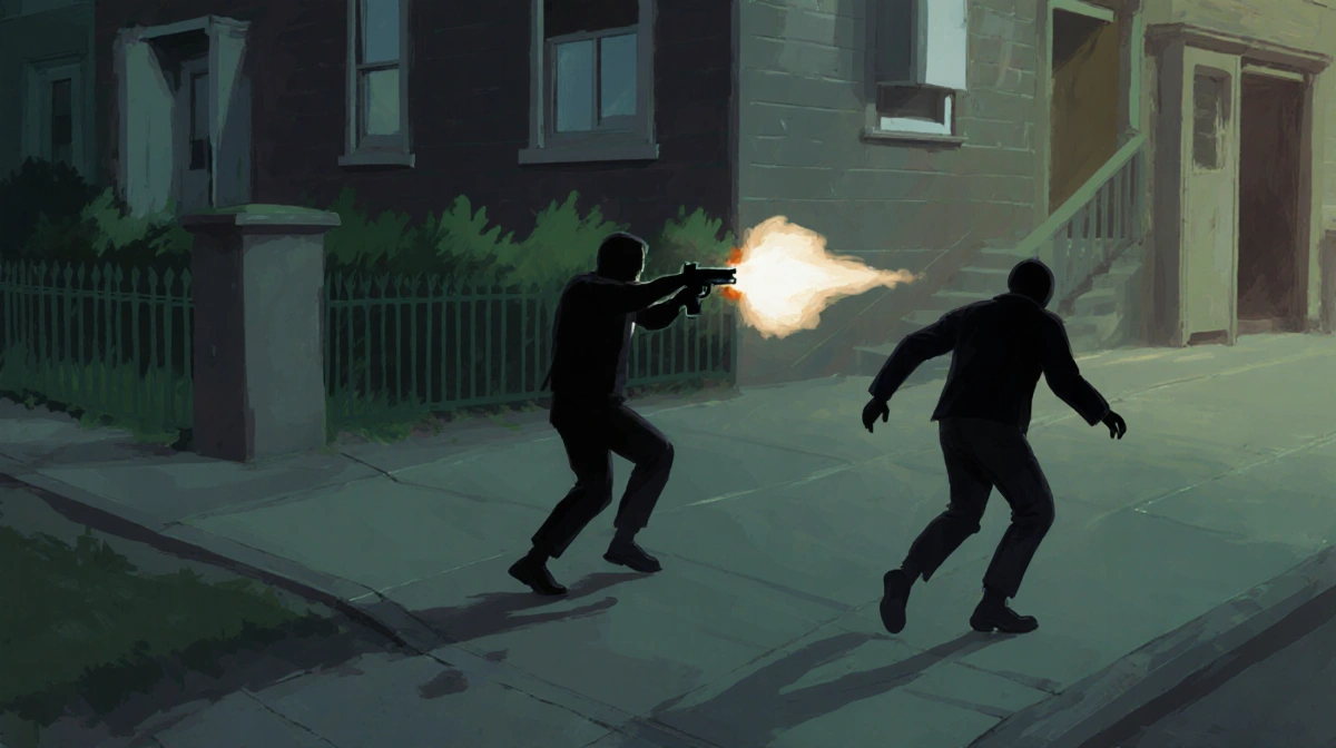 Man firing gun toward fleeing companion with dark street scene showing motion blur