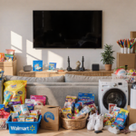 Bright living room with couch and flat‑screen TV surrounded by baskets of colorful Walmart products and kitchen appliances