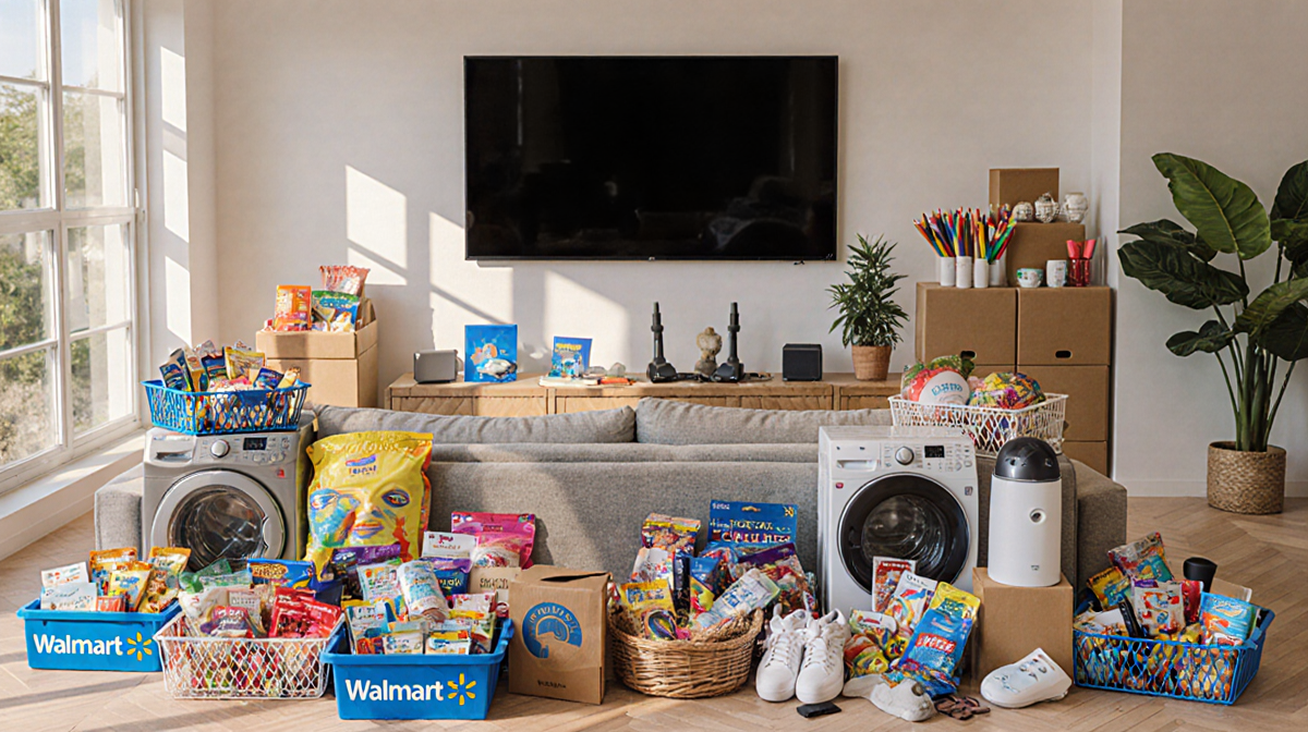 Bright living room with couch and flat‑screen TV surrounded by baskets of colorful Walmart products and kitchen appliances