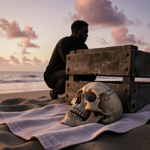 Man kneeling beside weathered wooden cart with skull on beach towel under warm dusk sky