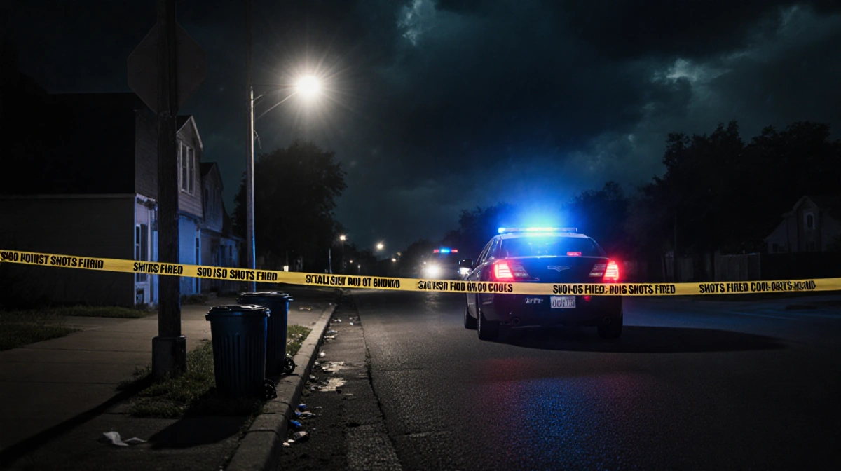 Police car lights illuminate deserted street with crime scene tape and flickering streetlight