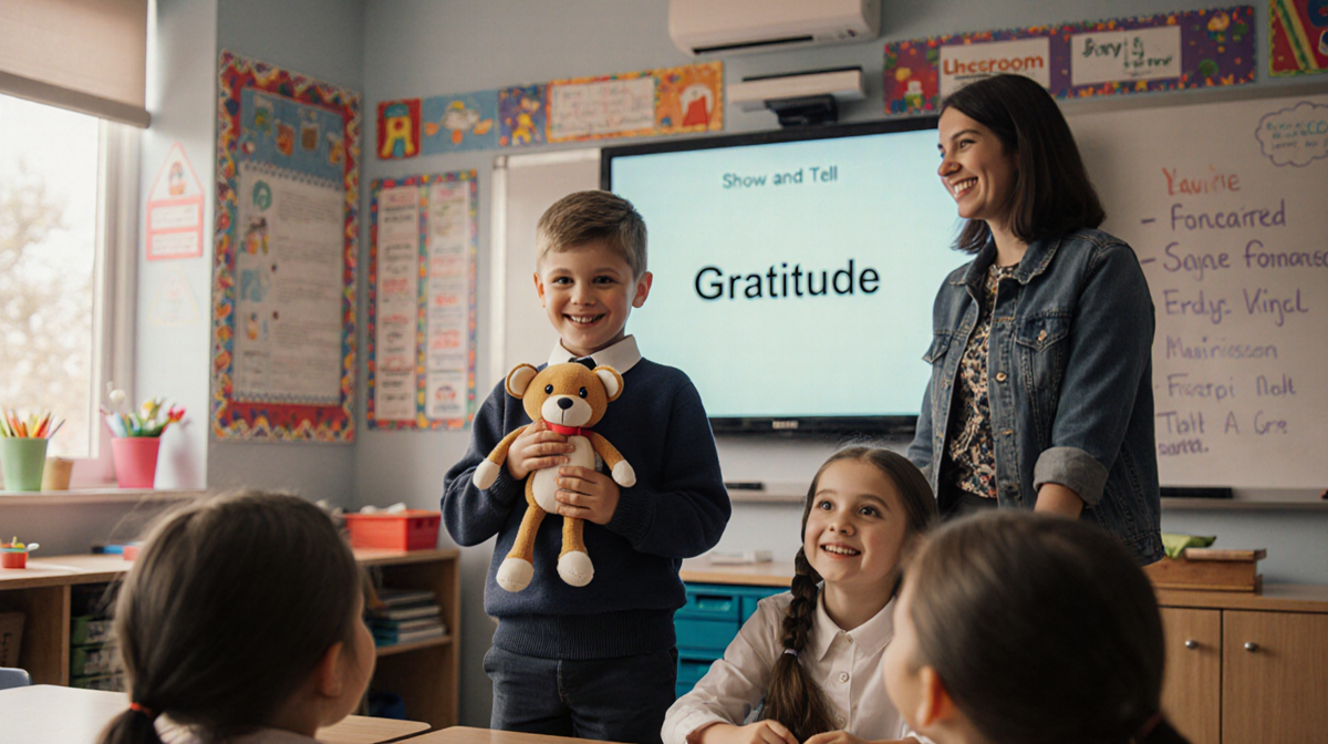 Daniel stands and presents a stuffed animal with Sophia looking up and the teacher smiling in a classroom Show and Tell