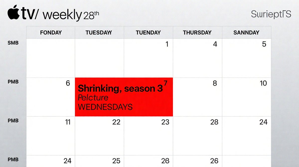 Calendar showing April schedule with red highlight of Shrinking release date and Apple TV branding