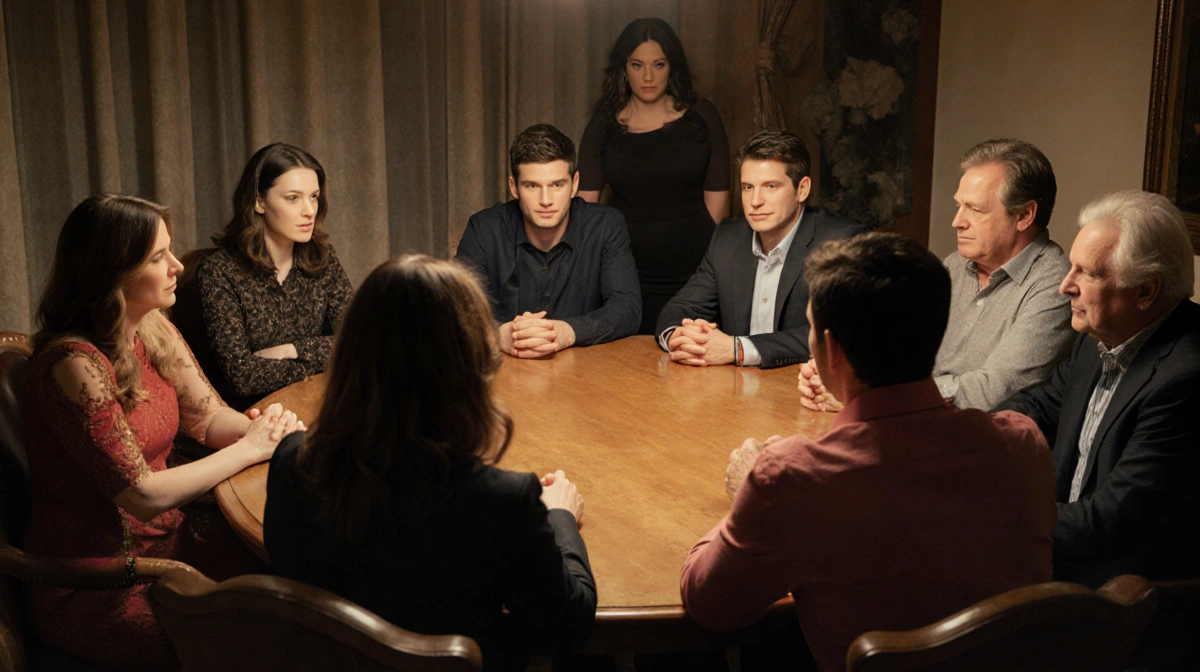 Shrinking cast members sitting together at dinner table with soft lighting showing their warm expressions