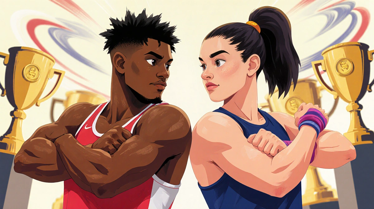 Chubba and Whittney Purdy face off with crossed arms and clenched fists with trophy shapes swirling behind them