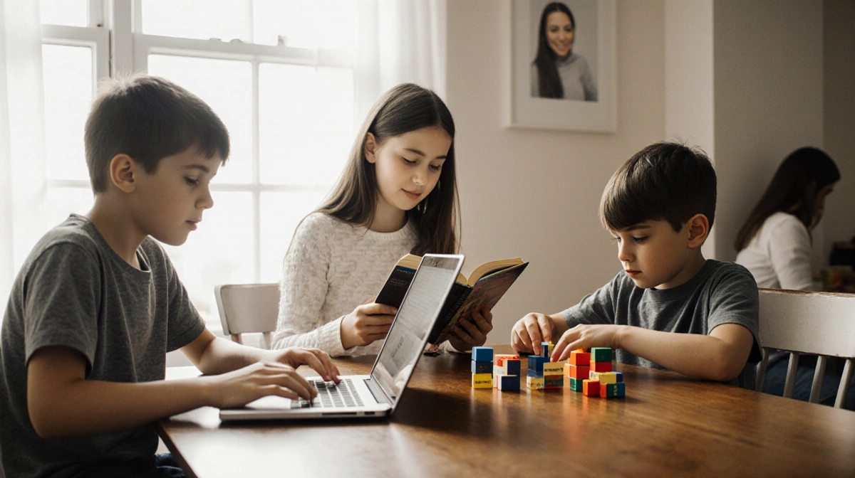 Teen playing laptop with siblings reading and building blocks in sunlit family room