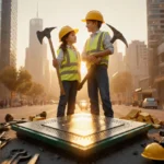Two siblings stand together with one holding a gold miner