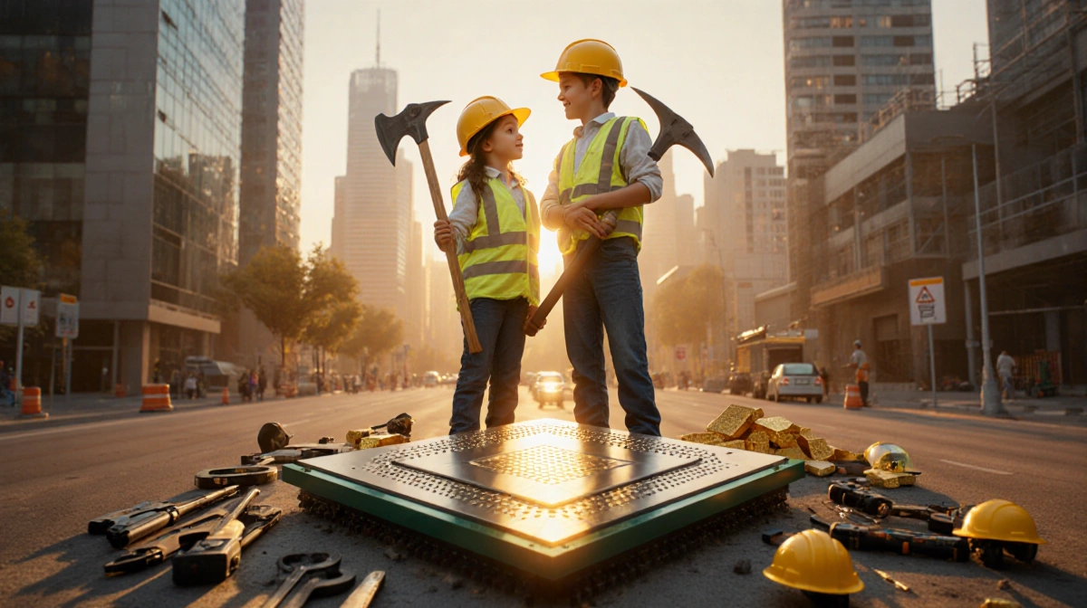 Two siblings stand together with one holding a gold miner