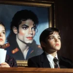 Two 1980s dressed siblings testify in courtroom with folder and emphatic gesture under Michael Jackson portrait