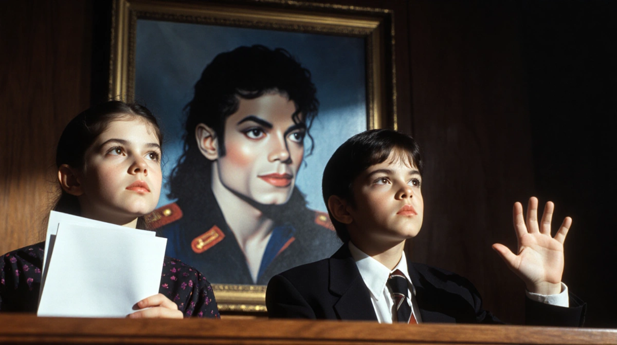 Two 1980s dressed siblings testify in courtroom with folder and emphatic gesture under Michael Jackson portrait