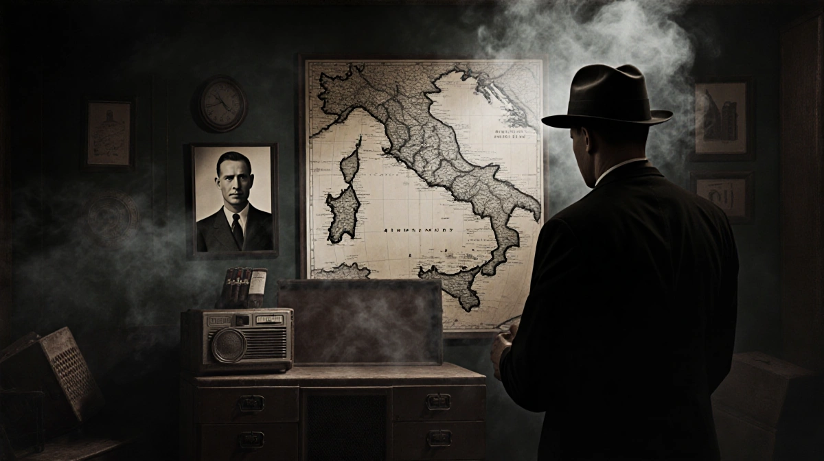 Spy examines vintage Sicily map with faded Patton photo while Lansky's silhouette looms through smoky haze