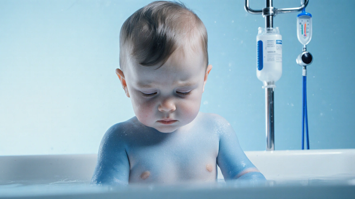 Toddler boy looking down with pale skin and blue tint with IV pole and medical equipment in soft blue background