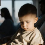 Toddler boy resting in hospital bed with IV pole and parents watching through window