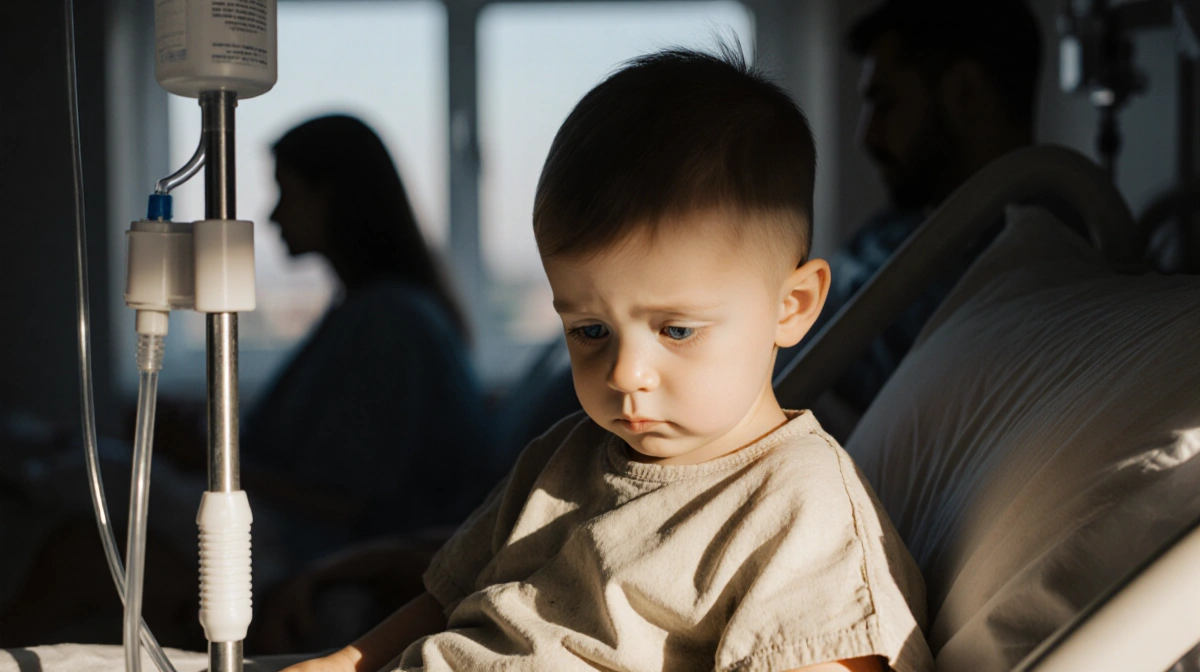 Toddler boy resting in hospital bed with IV pole and parents watching through window