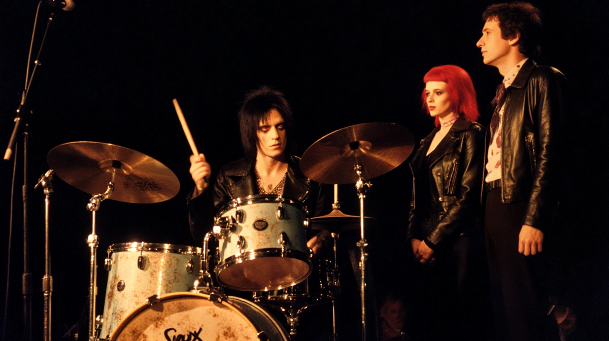 Sid Vicious drumming on stage with Siouxsie Sioux and Steven Severin watching in dim punk venue