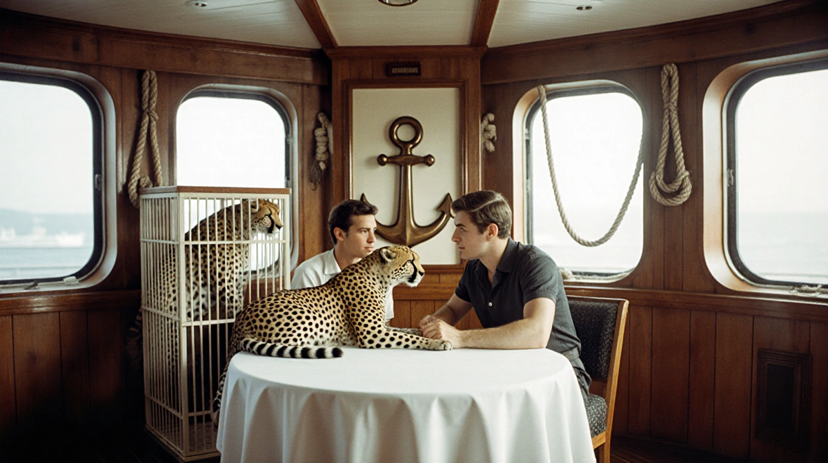 Two young men sit at a cruise ship table with a cheetah in a cage beside them and vintage nautical decor showing their early 