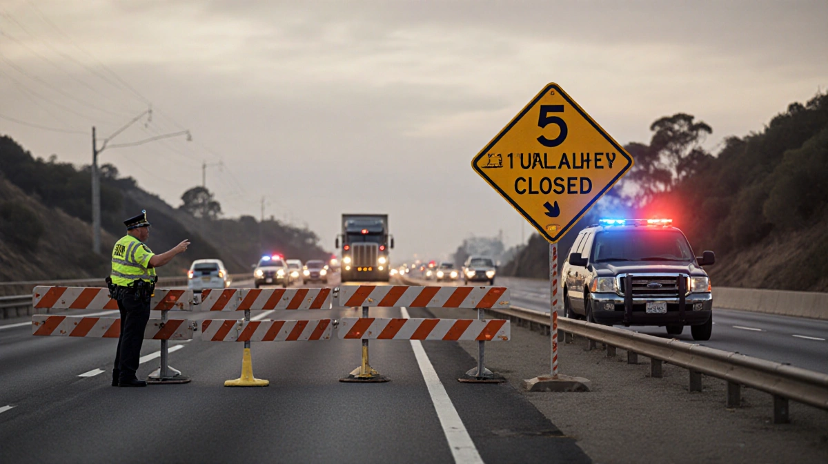 CHP officers blocking northbound 5 Freeway with flashing lights and Sigalert sign while traffic backs up