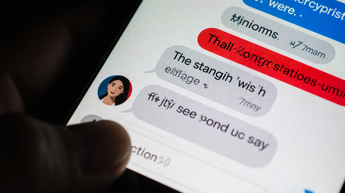 Smartphone shows Signal encrypted messaging app with private conversations highlighted in red and dim shadows