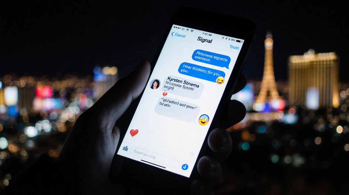 Smartphone screen shows Signal messages between ex-husband and Kyrsten Sinema with flirtatious texts and Las Vegas night ligh
