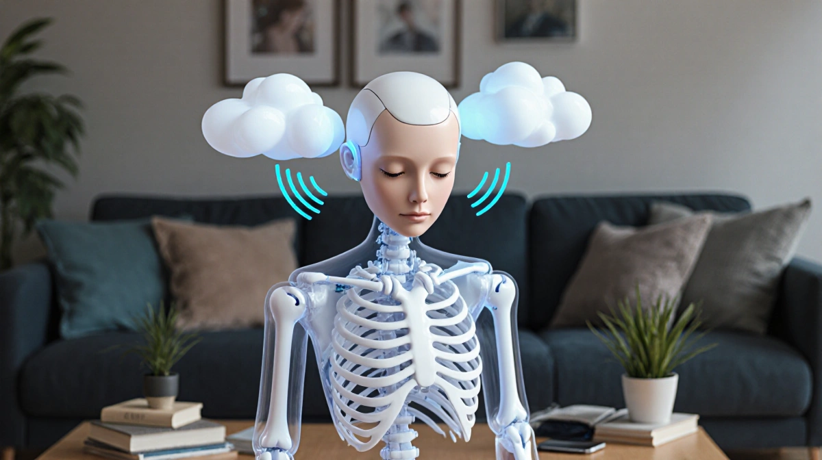Life-size humanoid robot stands with translucent skin revealing mechanical skeleton and cloud signals emanating from its head