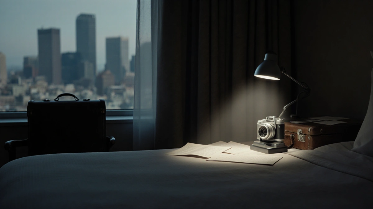 Spotlight shining on silver statuette of a film camera with blurred San Francisco cityscape behind in a dim hotel room