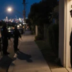 Federal agents approaching Silver Lake homeowner with tactical gear and shadows cast by streetlight
