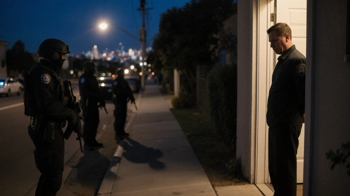Federal agents approaching Silver Lake homeowner with tactical gear and shadows cast by streetlight