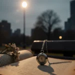 Silver locket dangles from bench with open vintage book and wilted flowers showing melancholic city scene