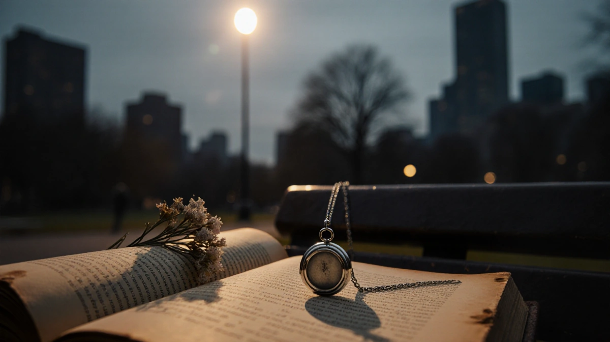 Silver locket dangles from bench with open vintage book and wilted flowers showing melancholic city scene
