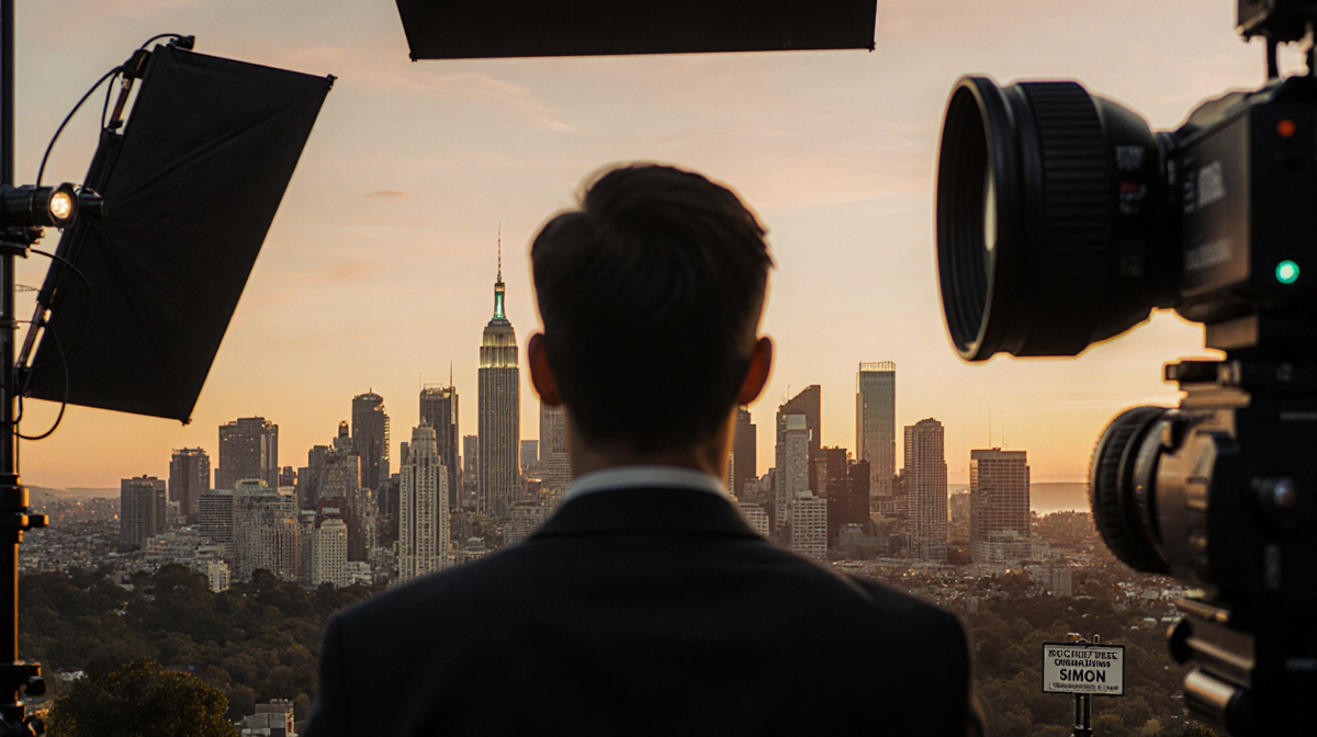Simon standing in front of sunset city skyline with paparazzi flashbulbs and news headline about the Hollywood blockbuster.