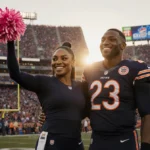 Simone Biles cheers with pink Bears pom-pom and Jonathan Owens in jersey 23 at sunset