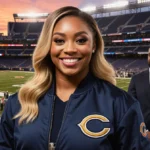 Simone Biles poses confidently in Bears jacket with blonde waves and Jonathan Owens watching