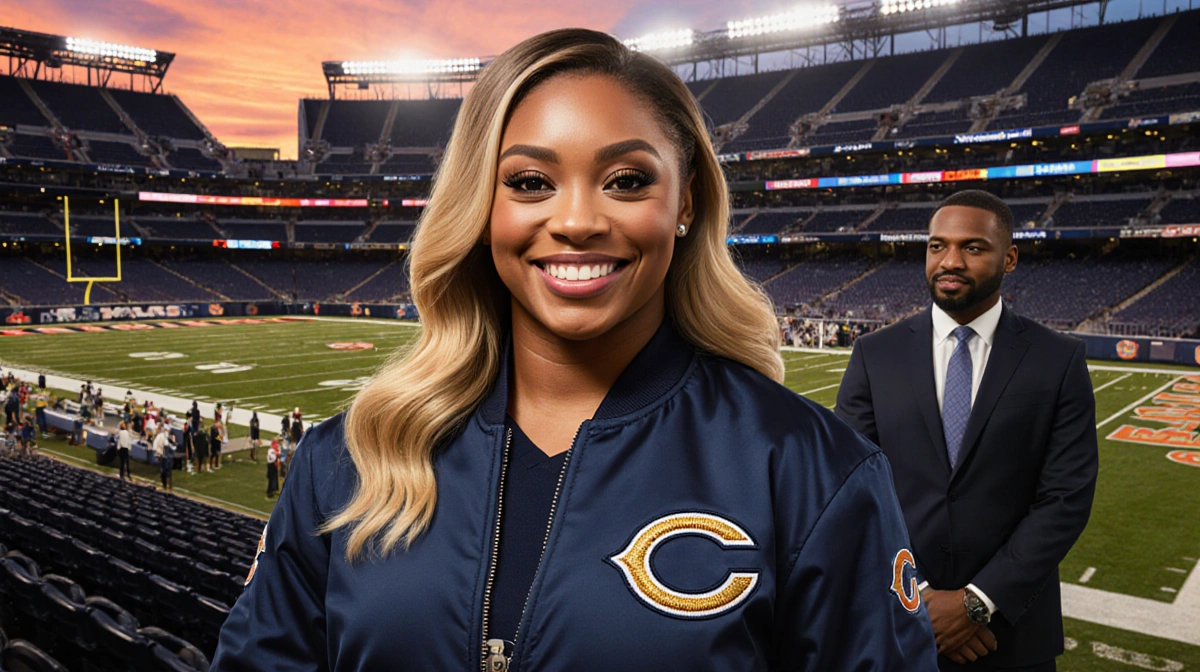 Simone Biles poses confidently in Bears jacket with blonde waves and Jonathan Owens watching
