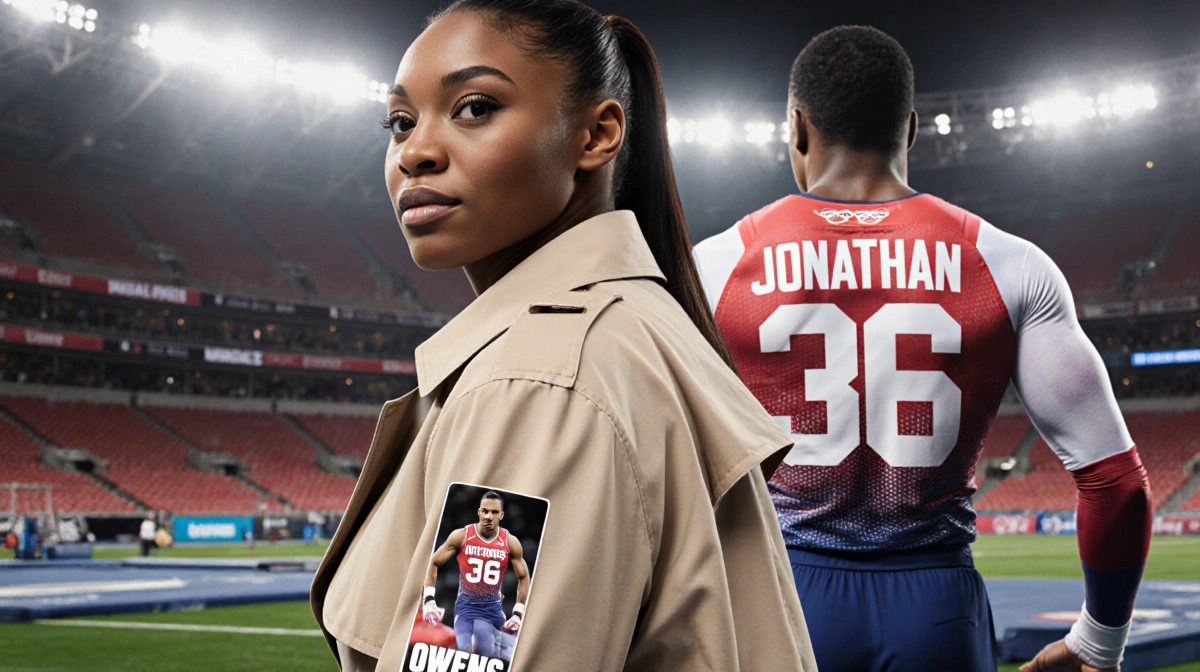 Simone Biles poses confidently in stadium with customized trench coat showing Jonathan Owens' number 36 and photos