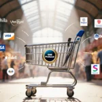 Modern shopping cart stands in marketplace with One Protocol badge and payment logos merging behind