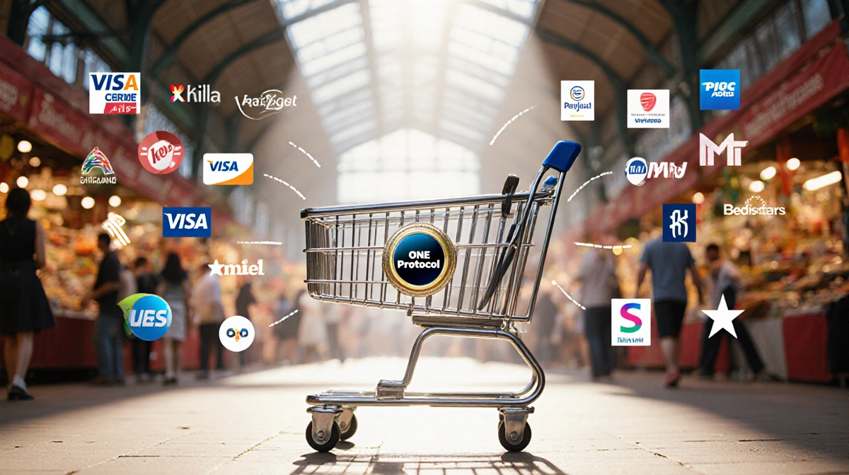 Modern shopping cart stands in marketplace with One Protocol badge and payment logos merging behind